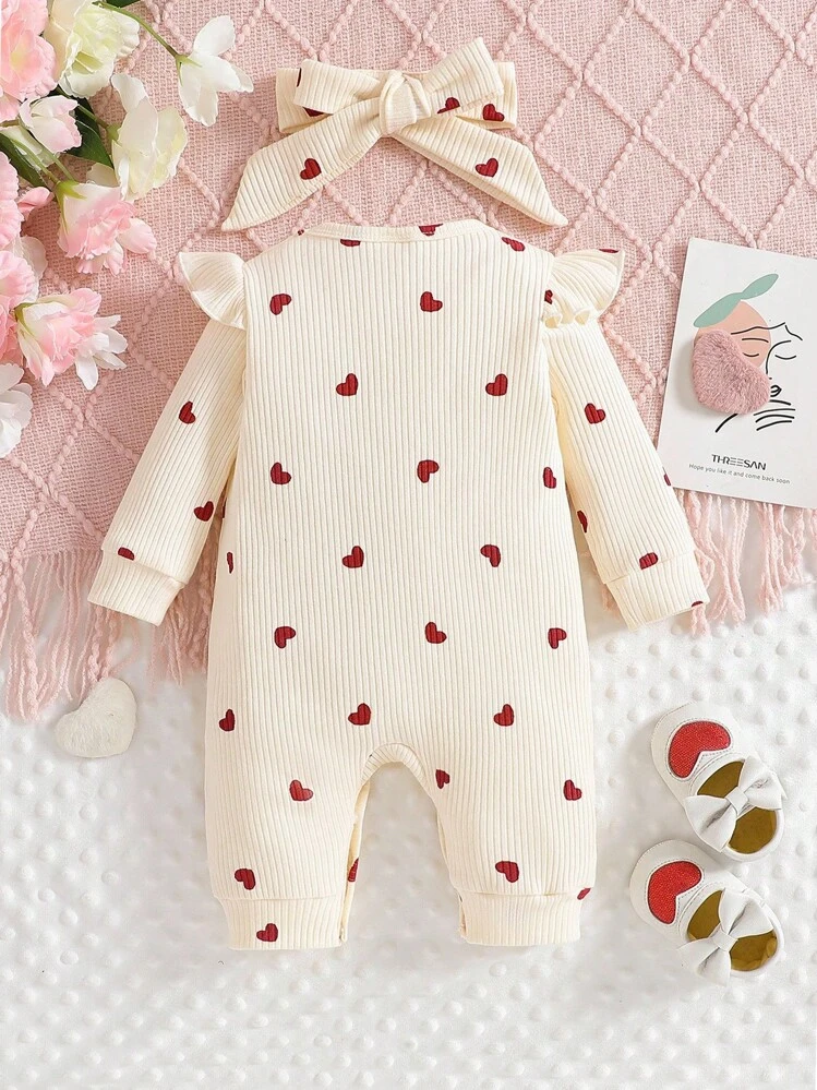 SHEIN Valentine's Day Newborn Baby Heart Print Jumpsuit, Cozy Knitted Casual Jumpsuit With Headband Included Fall Winter - Apricot - View 2