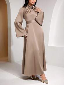 Veilorie 结领、喇叭袖、系带收腰优雅派对连衣裙 - 卡其色 - 查看 5