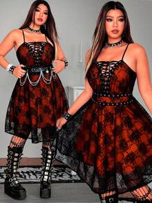 Whyspr 中世纪复古哥特式深色迷你连衣裙，女士蕾丝玫瑰吊带连衣裙 - 橘色 - 查看 1