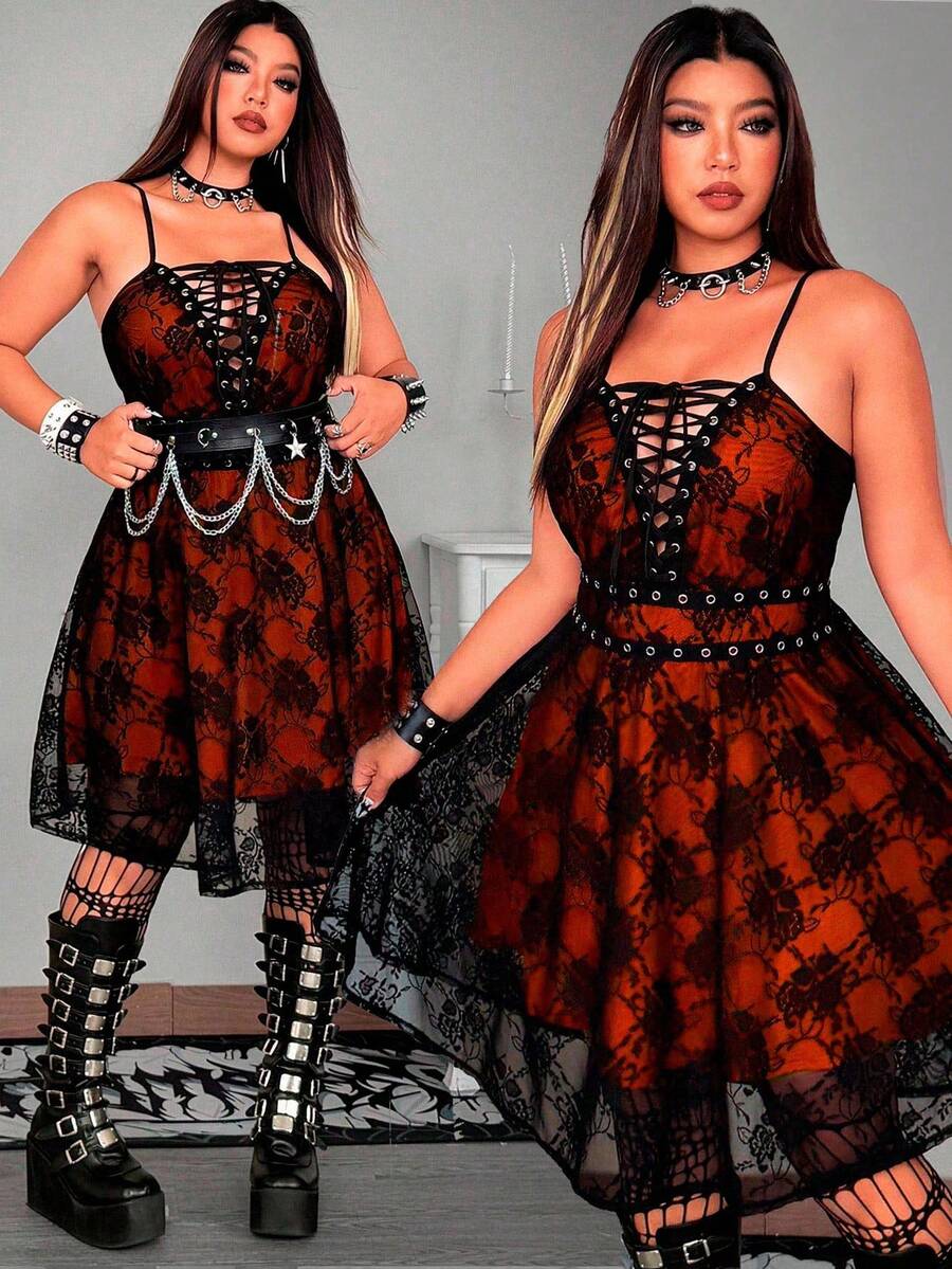 Whyspr 中世纪复古哥特式深色迷你连衣裙，女士蕾丝玫瑰吊带连衣裙 - 橘色 - 查看 1