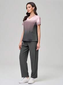 TaskEZ Ombre Short Sleeve Top And Pants Scrub Uniform Set Women Scrub Tops Scrubs Nurse Uniform Women Work Tops Work Clothes Women Set Women Scrubs Set - Multicolor - View 6