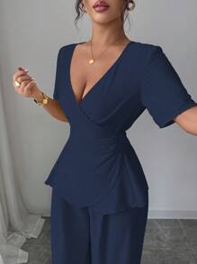 Elenzga Bộ 2 món áo cánh tay ngắn buộc dây cổ chữ V chéo kiểu Pháp màu kem vải lanh dành cho nữ ngày 4 tháng 7 và quần ống rộng cạp cao dáng rộng, thoải mái và tôn dáng, phong cách đồng quê Hàn Quốc mới - Màu xanh hải quân - Xem 1