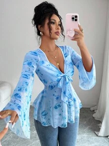 Elenzga 新款印花网纱透视喇叭袖蝴蝶结前襟休闲优雅女式T恤秋季女装 - 藍色 - 查看 6