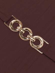 SHEIN Clasi 女士优雅 V 领橙色中长连衣裙，金属环扣腰带，合身腰部设计，春夏