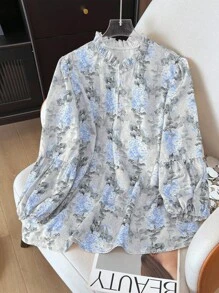 SHEIN Clasi 大码时尚休闲法式复古优雅通勤灯笼袖衬衫 - 藍色 - 查看 1