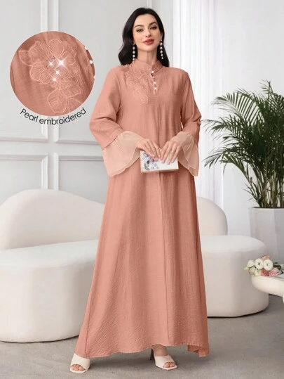 Al Najma Women's Stand Collar Long Sleeve Dress With Applique And Mesh Splice, Loose Fit Fall Cloth For Women