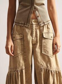 波西米亚风复古休闲纯色梭织宽松水洗女裤 - 摩卡棕 - 查看 1