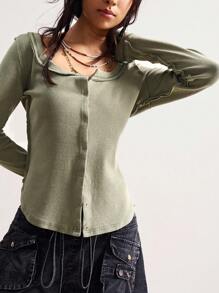 Bohemela Áo thun dệt trơn cổ điển dành cho nữ, phong cách Bohemian giản dị ngày độc lập, mùa thu - xanh quân đội - Xem 5