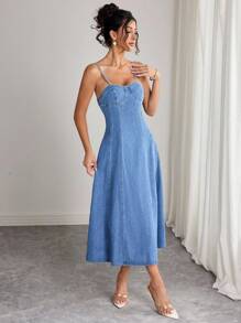 Elenzga Váy midi denim không tay thường ngày dành cho nữ - Rửa trung bình - Xem 4