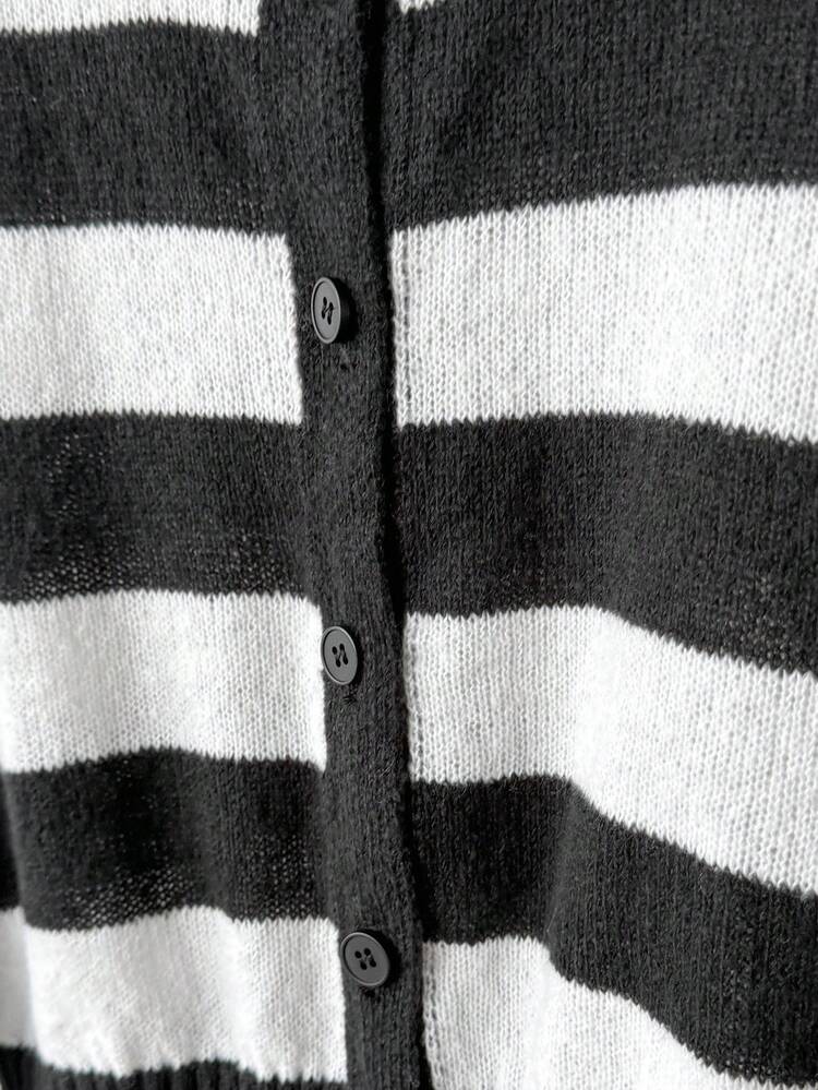 Teen Girl Casual Daily Contrast Stripe Button Front Cardigan Cropped Cardigan Striped Cardigan Black And White Cardigan Teen Cardigan Girl Cardigan - Black and White - View 8