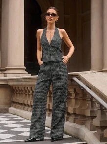 Lavishia Black & White Plaid Tweed V-Neck Sleeveless Buttoned Crop Top + Fitted Straight Leg Pants Women's 2 Pieces Set, Suitable For Early Autumn Commuting - Black - View 4