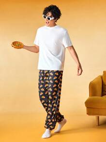 Mens Funny Cute Cartoon All Over Print Sleep Pants Long Loungewear Bottoms With Slight Stretch Fabric, Fall, Winter