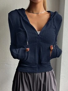 EURMUSE 女式纯色简约休闲长袖常规款运动衫 - 藏蓝色 - 查看 3