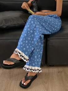 DAZY Pantalones holgados de pijama para mujer con estampado floral de tipo ditsy bordado y dobladillo con volantes, estilo vacacional, otoño - azul real - Ver 6