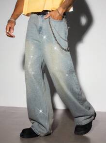 ROMWE MEN Street Life 男式复古蓝色休闲闪亮水钻宽松牛仔裤 - 淺色水洗藍 - 查看 3