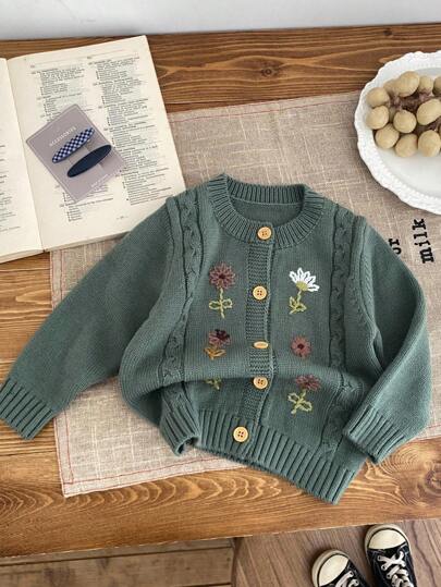 LMoss Kids 女婴花卉图案长袖单排扣针织开衫