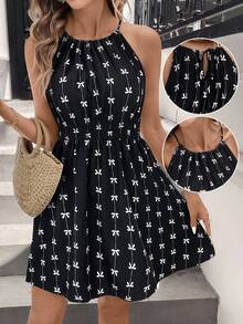 Easowa Damen lässiges Minikleid mit Schleife, Neckholder und ärmellos, Basic Outfit für den täglichen Sommertrag - Schwarz und Weiss - Übersicht 4