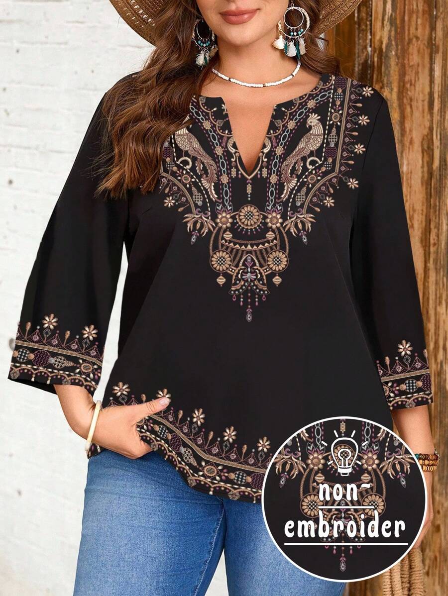 EMERY ROSE Plus Size Black Faux Embroidered Floral Blouse - Multicolor - View 1
