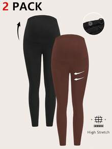 Modmama 孕妇装 2 件套纯色弹力腰高弹力紧身裤 - 棕色 - 查看 8