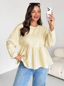 SHEIN Essnce Plus Size Women's Spring And Autumn Fashion Casual Loose Comfortable Daily Texture Fabric Light Yellow Long Sleeve Ruffle Shirt,Curve Cute Tops,Women Blouse,Butter Yellow,Fall Outfits,Back To School - Yellow - View 5