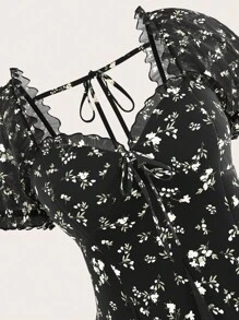 SHEIN MOD Robe longue à manches bouffantes avec ourlet asymétrique et imprimé floral de style rétro élégant pour grande taille, robes élégantes pour fête, robe d'anniversaire pour femmes, fête, Halloween