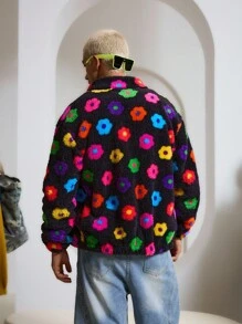 STEELVANCE 男士休闲花卉印花夹克，秋冬，2000 年代风格，秋季 - 黑色 - 查看 5