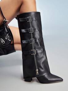 CUCCOO GRLICON Women's Pointed Toe Chunky Heel Over-The-Knee Boots, Y2K Style For Halloween, Christmas, Party Outfits - Black - View 6