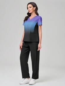 TaskEZ 渐变色 V 领短袖口袋上衣和裤子手术服套装 - 彩色 - 查看 2