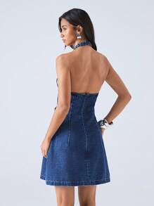 LYSMO Women's Fashionable Halter Neck Denim Dress - Blue - View 2