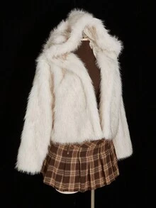 SHEIN ICON 加大码白色仿毛兔耳连帽蓬松大衣，甜美 Y2K 风格 - 白色 - 查看 10