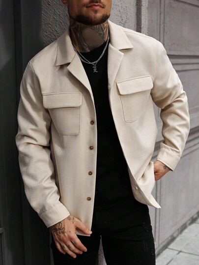 Manfinity CasualCool Camisa de hombre de manga larga minimalista de unicolor, abrigo informal de color crema para hombre, camisa de hombre beige, abrigo de hombre beige con botones, sobrecamisa de hombre beige, otoño