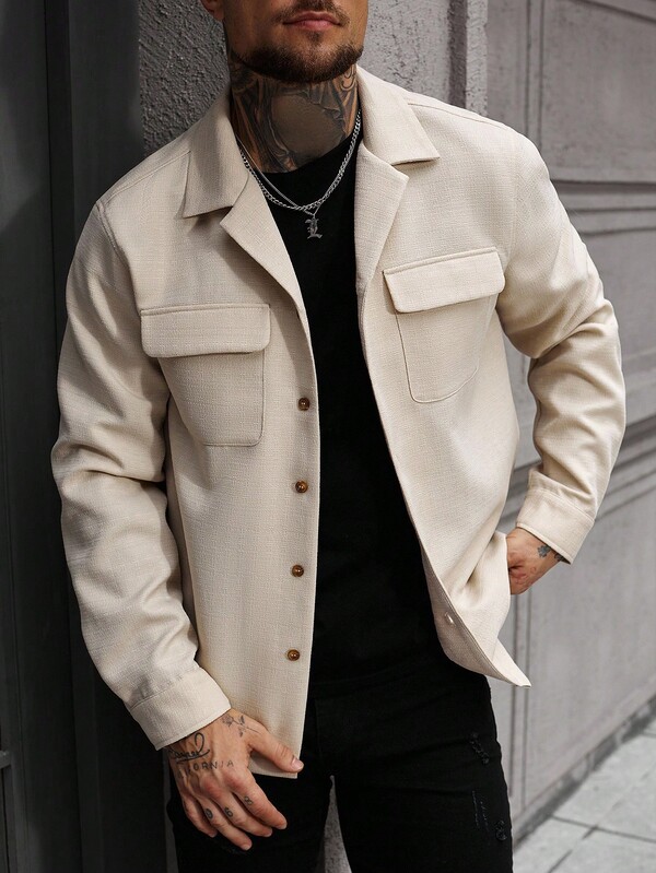 Manfinity CasualCool Camisa de hombre de manga larga minimalista de unicolor, abrigo informal de color crema para hombre, camisa de hombre beige, abrigo de hombre beige con botones, sobrecamisa de hombre beige, otoño