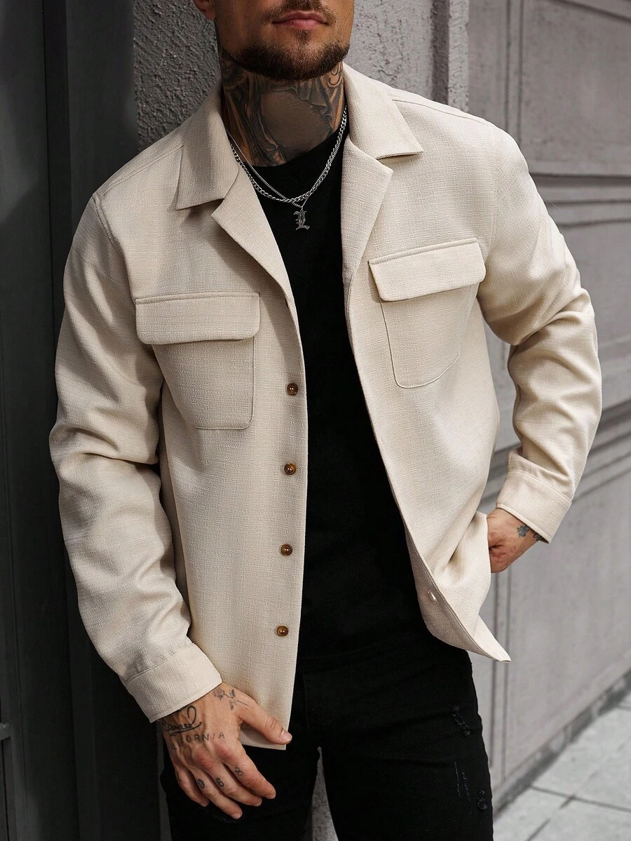 Manfinity CasualCool Men's Solid Color Minimalist Casual Long Sleeve Button Up Beige Shacket , Fall - Apricot - View 1