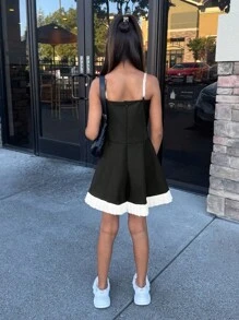 SHEIN Leap Crew Nova Glow Tween Girls Color Block Cropped Waist Midi Dress, Fashionable Casual Versatile Suitable For Any Occasions - Black and White - View 2