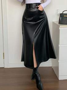 DAZY Falda larga elegante de cintura alta con abertura en A, de piel sintética (PU) para otoño e invierno - Negro - Ver 6