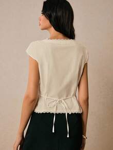 Women's Solid Color Casual V-Neck Short Sleeve Blouse - Apricot - View 6