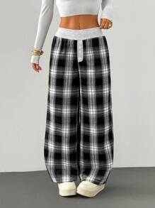 SHEIN PETITE 女款黑白格纹秋冬拉绒阔腿裤 - 黑與白 - 查看 7