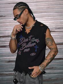 AXEPEAK 男士休闲无袖针织上衣，带有做旧图案印花，适合秋冬穿着 - 黑色 - 查看 4