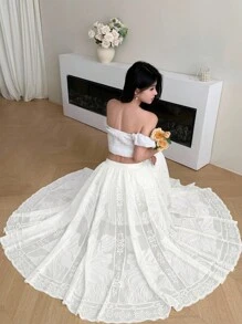 Modelyn 时尚新款蕾丝浅黄色女裙 - 杏色 - 查看 4