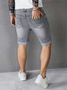 Manfinity Homme Men's Casual Grey Denim Shorts With Versatile Athleisure Design Men Grey Denim Shorts Stretch Washed Slim-Fit Denim Shorts - Grey - View 2