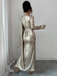 Elenzga 女士天鹅绒面料喇叭袖不对称设计后系腰鱼尾优雅中长连衣裙，适合日常通勤 - 金色 - 查看 2