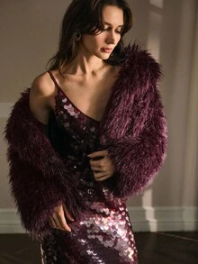 MOTF PREMIUM WATERFALL LONG SLEEVE FAUX FUR COAT FOR AUTUMN & WINTER - Burgundy - View 8
