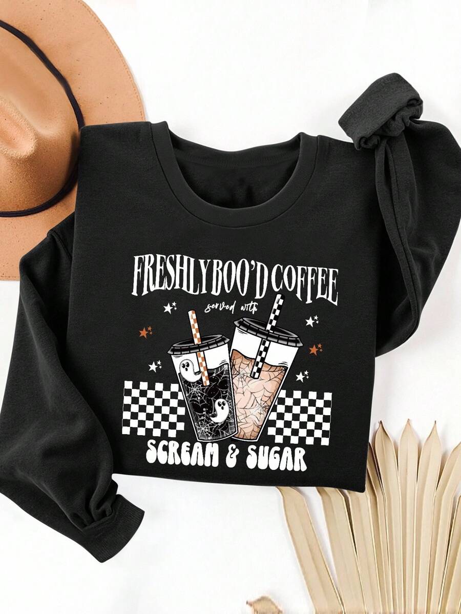 INAWLY Plus Size Halloween Ghost & Coffee Print Crew Neck Sweatshirt Pullover Fall Winter Autumn - Black - View 1