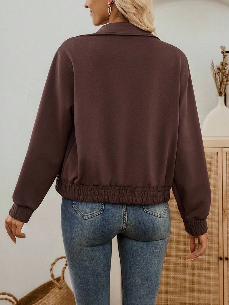 Damen Lässig Mode vielseitige einfarbige Reißverschluss Langarm braune Reißverschluss Jacke Herbst Winter Ausgehen