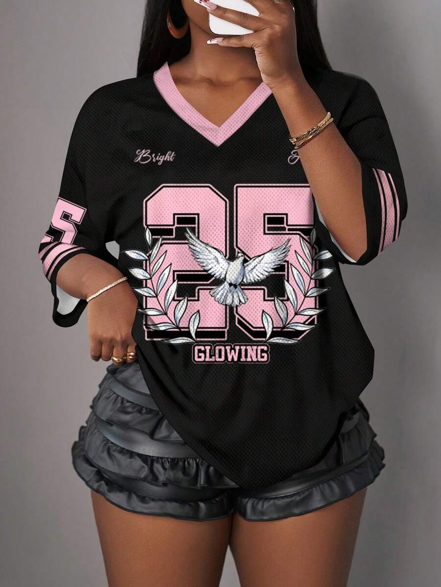 Slaydiva 女士休闲街头风格简约字母数字图案T恤，网眼面料，适合夏季，拼色，街头风格，运动活动 - 彩色 - 查看 1