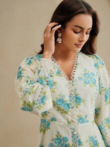 Anewsta Spring/Summer New Arrival Vacation Style Rose Print V-Neck Ruffle Patchwork Waist Cinched Lantern Sleeve Dress - Multicolor - View 6