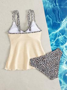 Swim Lushoire Ladies' Summer Beach Music Festival Beige Special Fabric Leopard Print Flowing Hem Slimming Knot Shoulder Strap Elegant Vacation Style Tankini Set - Multicolor - View 2