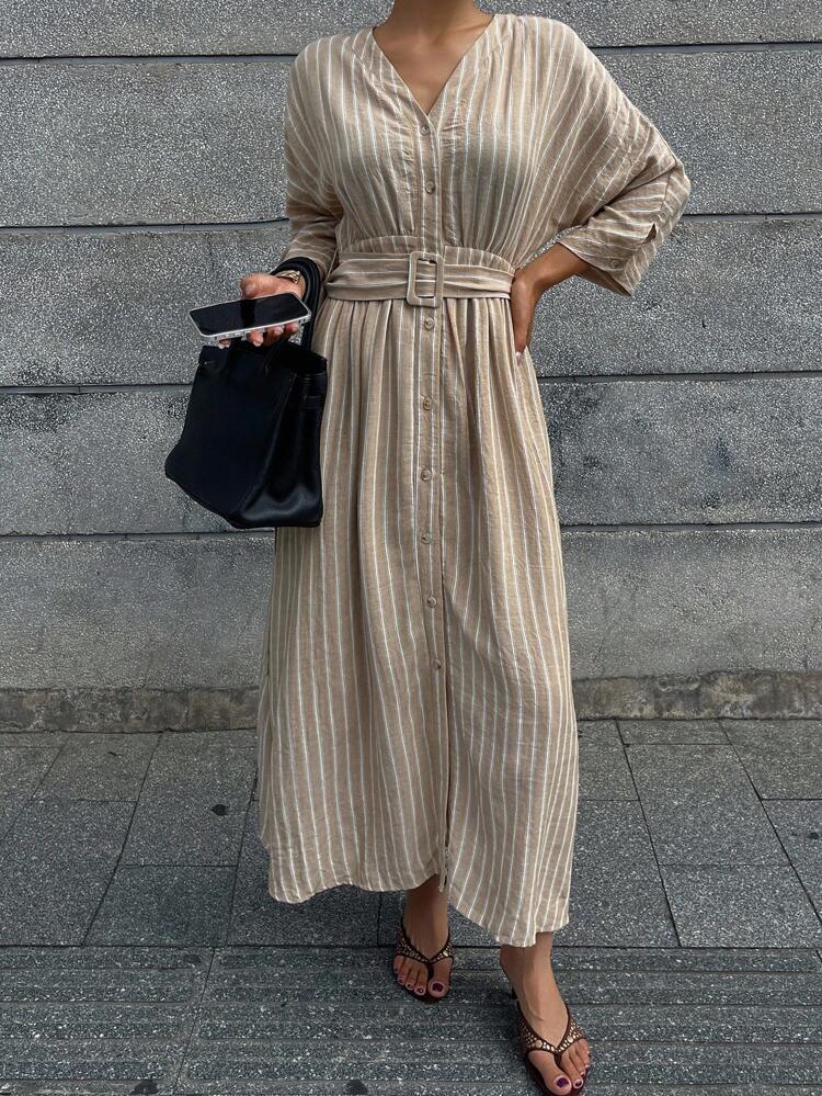 Dotted Striped Design V-Neck Waist Cinched Long Dress For Women Maxi Dress