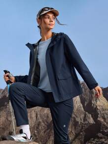 In My Nature 女士休闲纯色简约双口袋连帽户外风衣 - 藏蓝色 - 查看 1