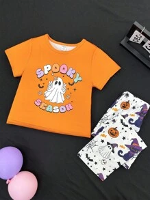 Conjunto de pijama de pantalón y manga corta con estampado de dibujos animados naranja de Halloween para niñas pequeñas - Multicolor - Ver 3